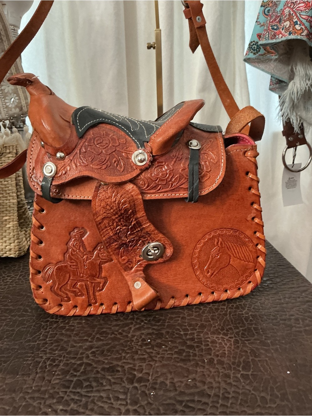 Handcrafted Western Saddle Crossbody Bag in Cognac Brown
